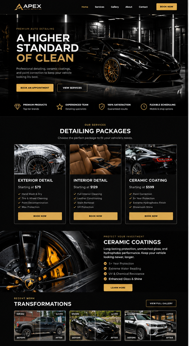 Fictional Apex Auto Detailing website demo with detailing services
